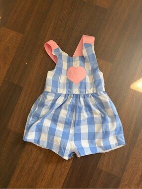 The Beaufort Bonnet Company Blue & White Gingham Romper with Pink Heart